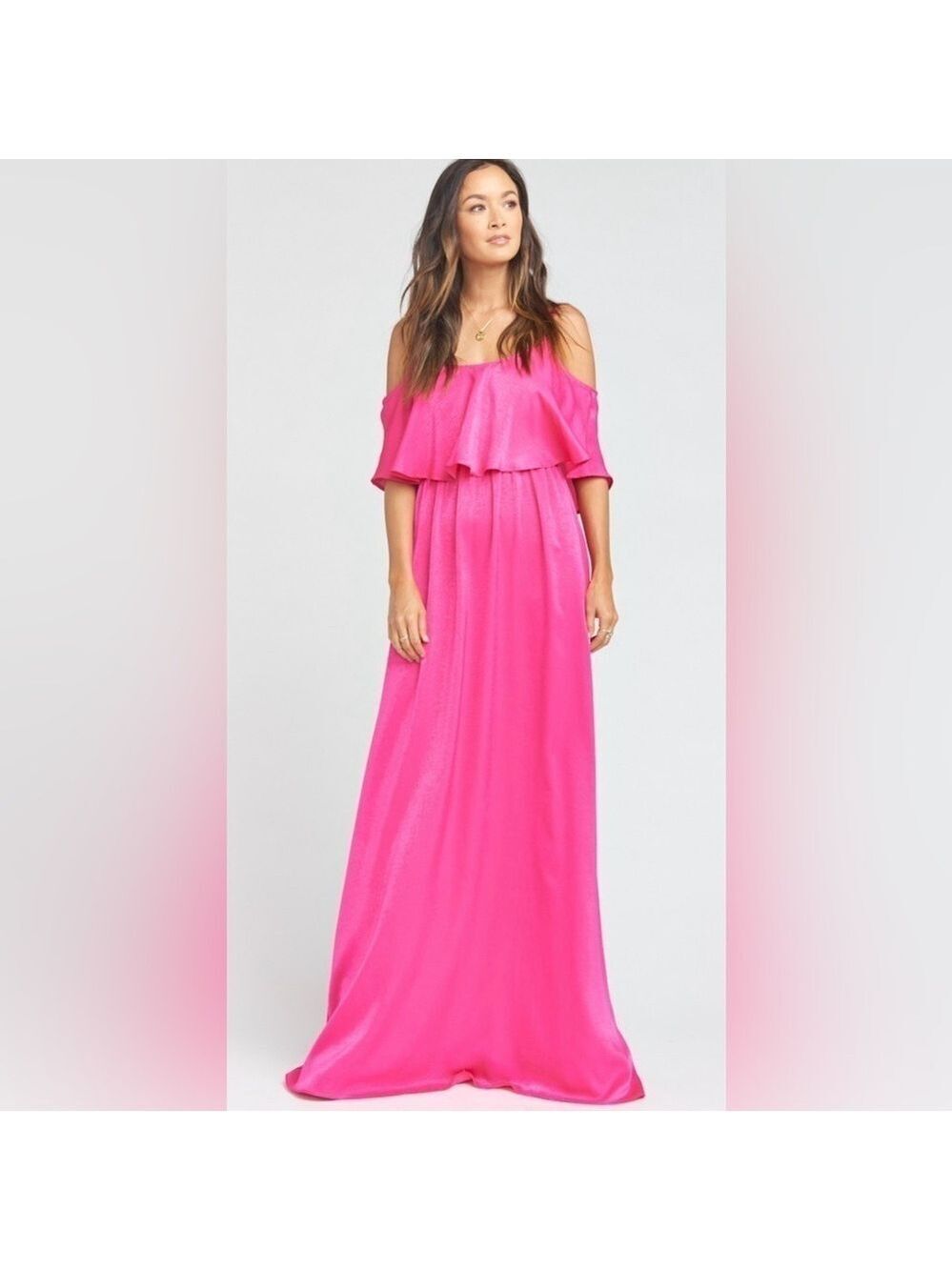 Show Me Your Mumu Caitlin Ruffle Maxi Dress XS Pink Satin Ruffled Bridesmaid